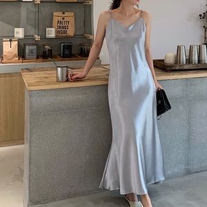 Luxury High Gloss Satin Silver Grey Slip Dress